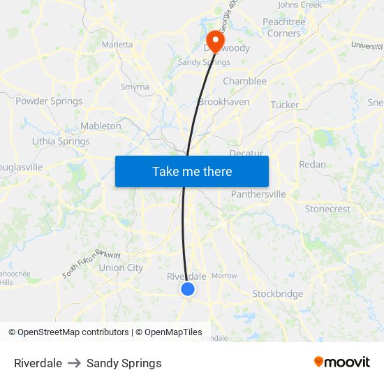 Riverdale to Sandy Springs map