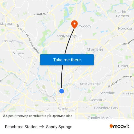 Peachtree Station to Sandy Springs map