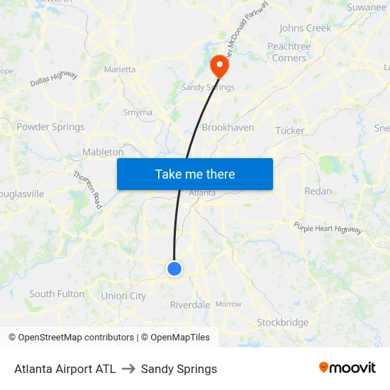Atlanta Airport ATL to Sandy Springs map