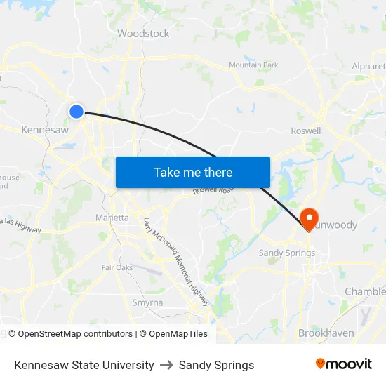Kennesaw State University to Sandy Springs map