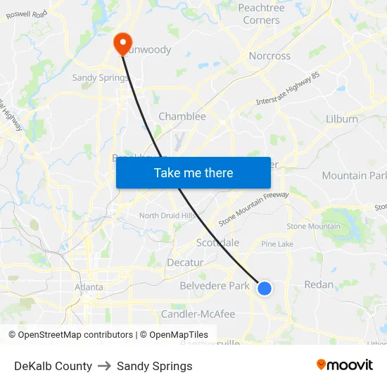 DeKalb County to Sandy Springs map