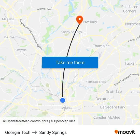 Georgia Tech to Sandy Springs map