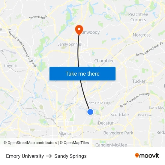 Emory University to Sandy Springs map
