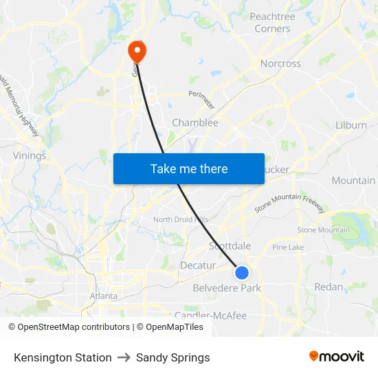 Kensington Station to Sandy Springs map