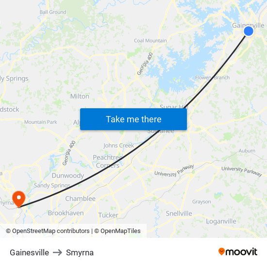 Gainesville to Smyrna map