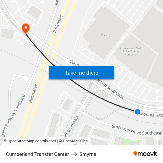 Cumberland Transfer Center to Smyrna map