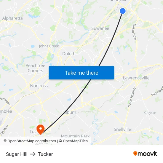 Sugar Hill to Tucker map