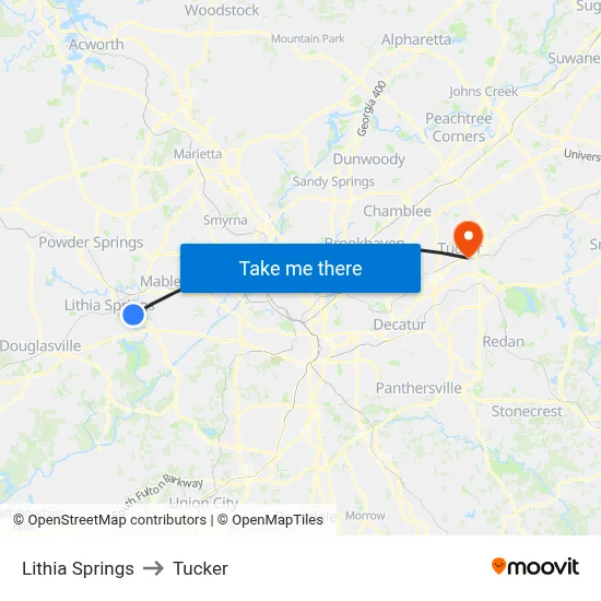 Lithia Springs to Tucker map