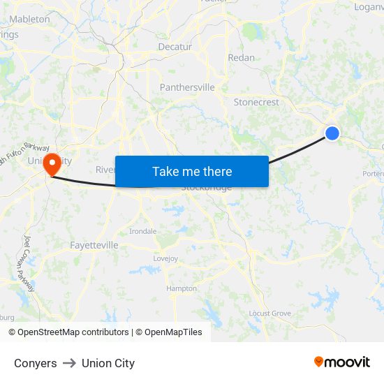 Conyers to Union City map