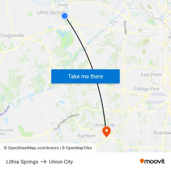 Lithia Springs to Union City map