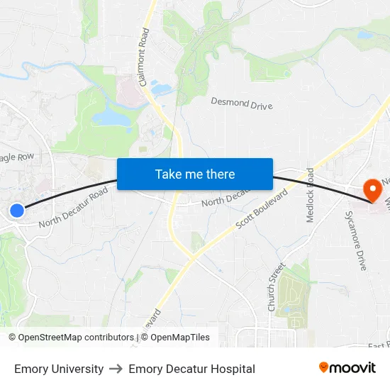 Emory University to Emory Decatur Hospital map