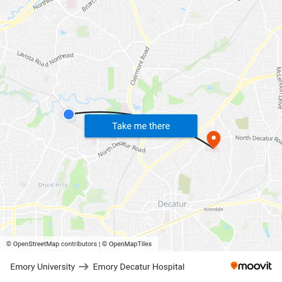 Emory University to Emory Decatur Hospital map