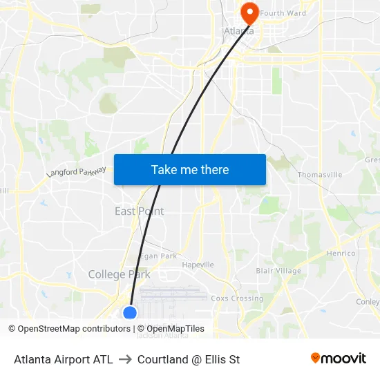 Atlanta Airport ATL to Courtland @ Ellis St map