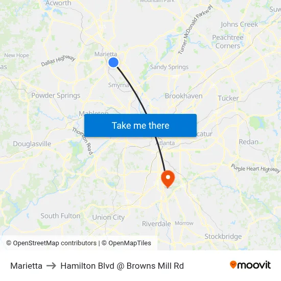 Marietta to Hamilton Blvd @ Browns Mill Rd map