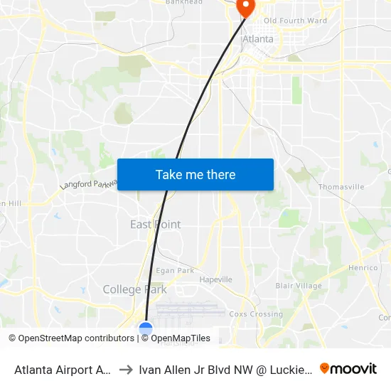 Atlanta Airport ATL to Ivan Allen Jr Blvd NW @ Luckie St map