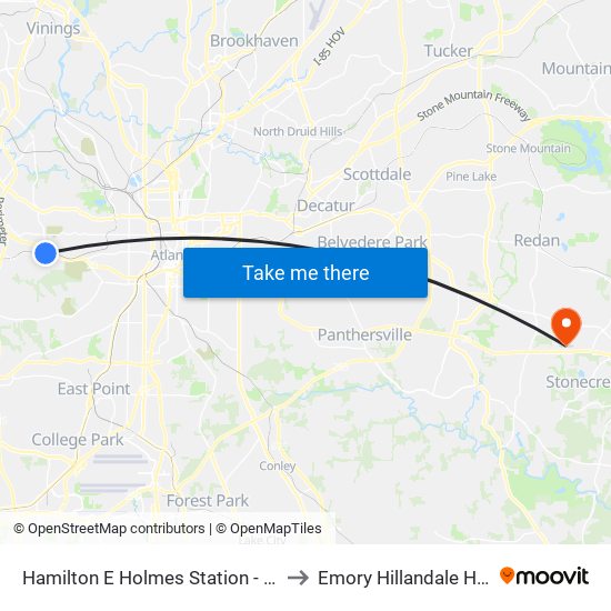 Hamilton E Holmes Station - Bus Loop to Emory Hillandale Hospital map