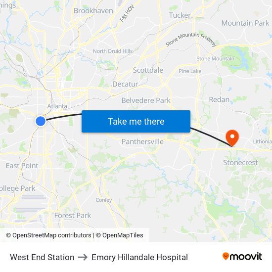 West End Station to Emory Hillandale Hospital map