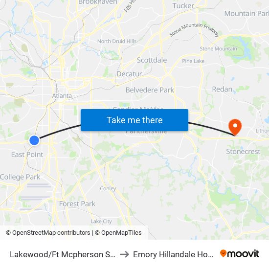 Lakewood/Ft Mcpherson Station to Emory Hillandale Hospital map