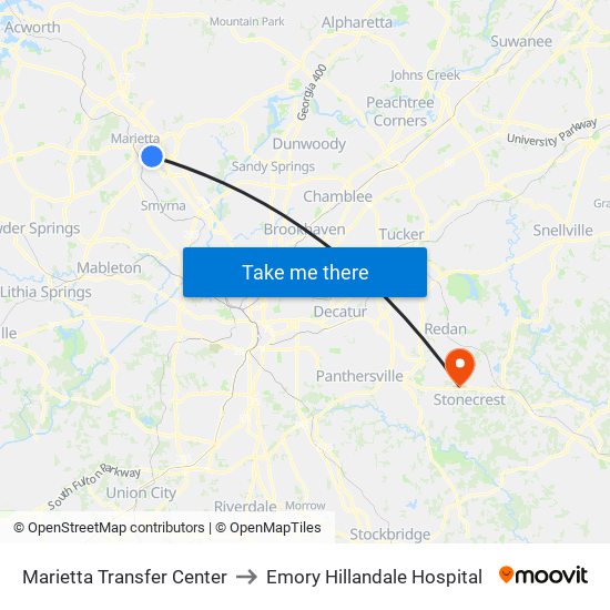 Marietta Transfer Center to Emory Hillandale Hospital map