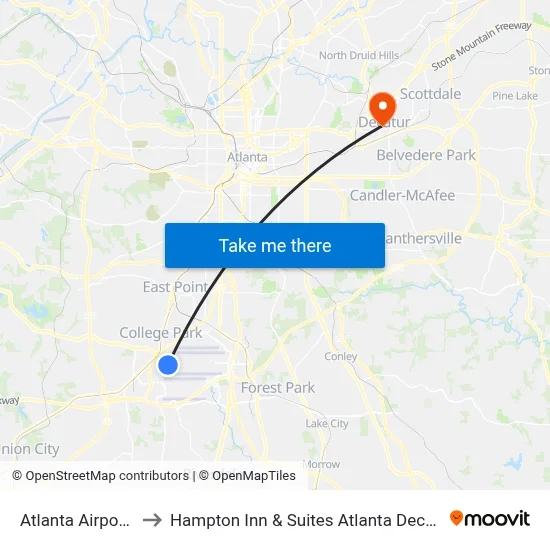 Atlanta Airport ATL to Hampton Inn & Suites Atlanta Decatur / Emory map