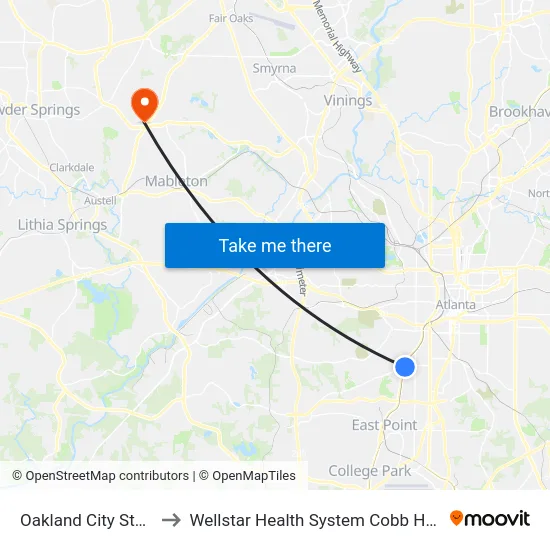 Oakland City Station to Wellstar Health System Cobb Hospital map