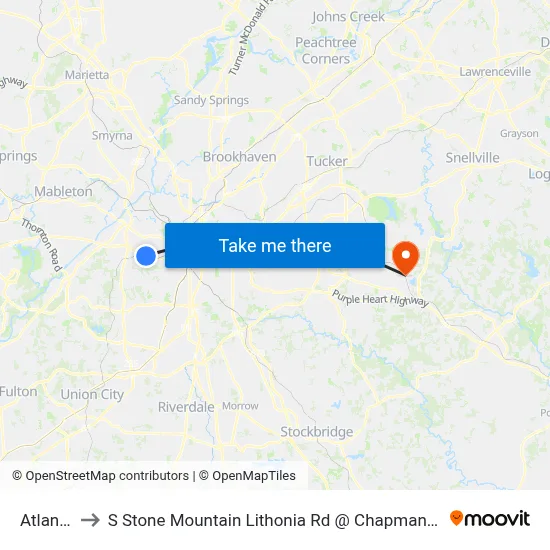 Atlanta to S Stone Mountain Lithonia Rd @ Chapman Rd map