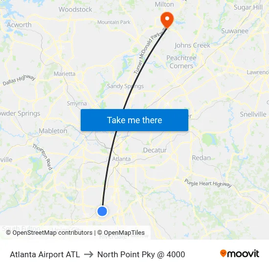 Atlanta Airport ATL to North Point Pky @ 4000 map