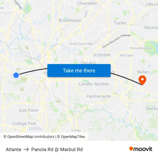 Atlanta to Panola Rd @ Marbut Rd map