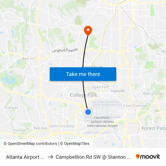 Atlanta Airport ATL to Campbellton Rd SW @ Stanton Rd SW map