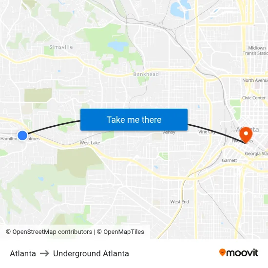 Atlanta to Underground Atlanta map