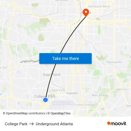 College Park to Underground Atlanta map
