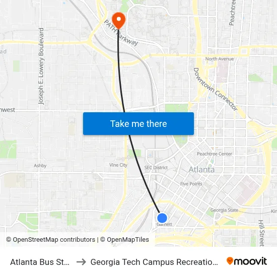 Atlanta Bus Station to Georgia Tech Campus Recreation Center map