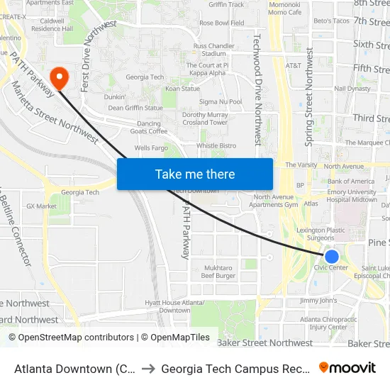 Atlanta Downtown (Civic Center) to Georgia Tech Campus Recreation Center map