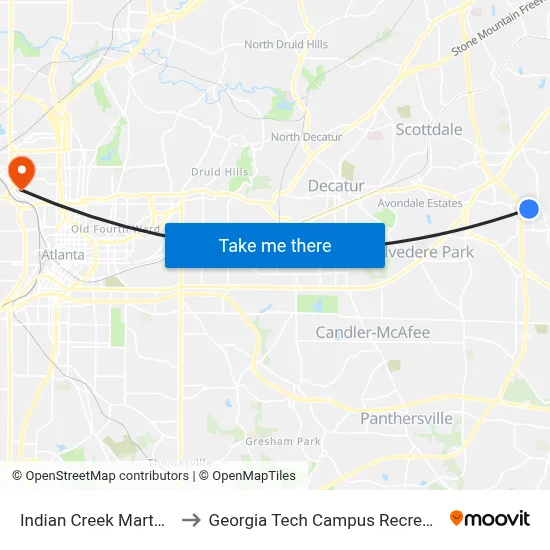 Indian Creek Marta Station to Georgia Tech Campus Recreation Center map