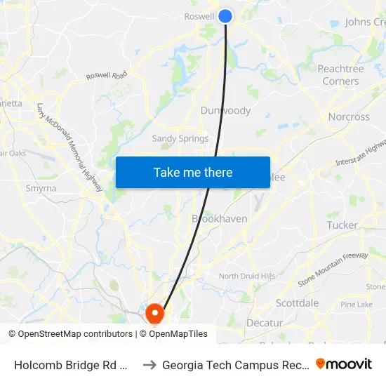 Holcomb Bridge Rd @ Warsaw Rd to Georgia Tech Campus Recreation Center map