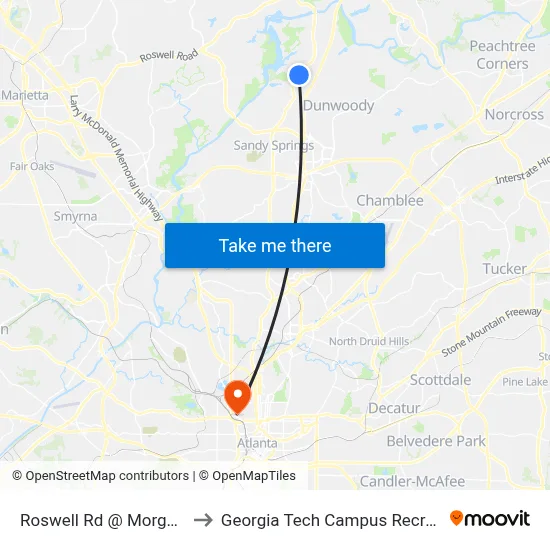 Roswell Rd @ Morgan Falls Rd to Georgia Tech Campus Recreation Center map