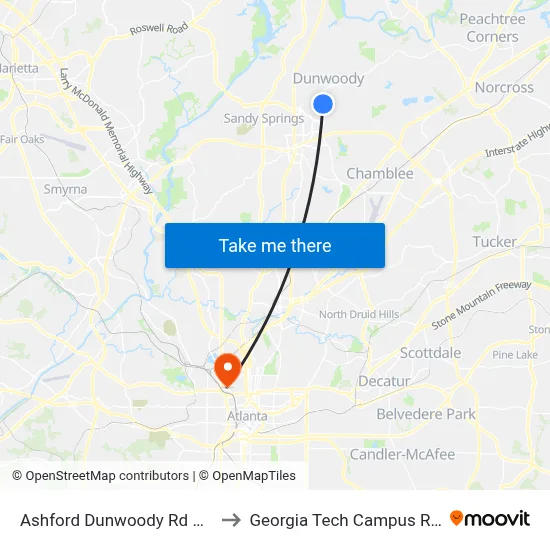 Ashford Dunwoody Rd @ Ashford Gables to Georgia Tech Campus Recreation Center map