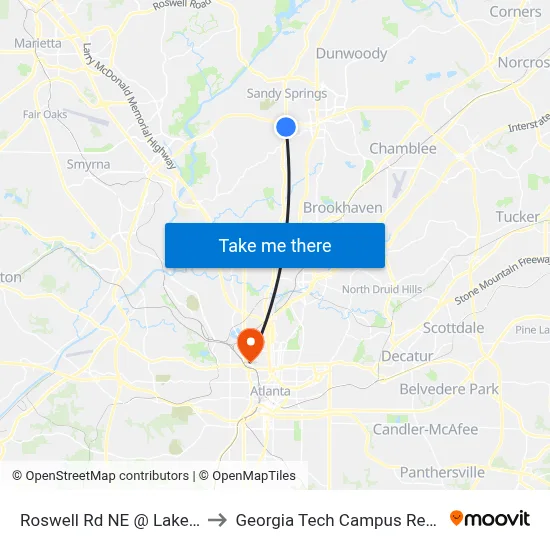 Roswell Rd NE @ Lake Placid Dr NE to Georgia Tech Campus Recreation Center map