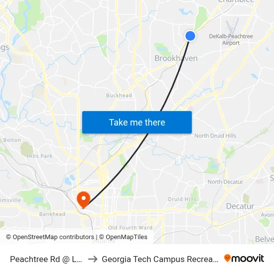Peachtree Rd @ Lanier Dr to Georgia Tech Campus Recreation Center map