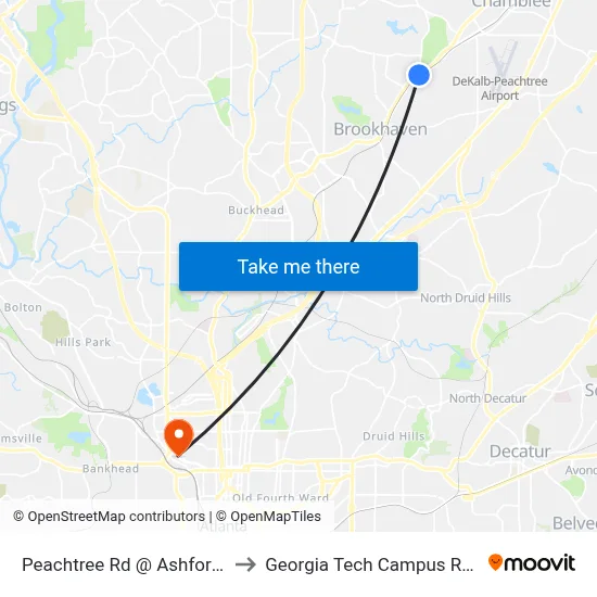 Peachtree Rd @ Ashford Dunwoody Rd to Georgia Tech Campus Recreation Center map
