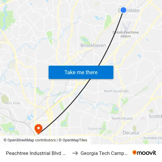Peachtree Industrial Blvd @ Chamblee Dunwoody Rd to Georgia Tech Campus Recreation Center map
