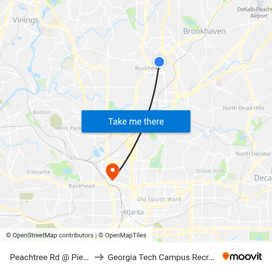 Peachtree Rd @ Piedmont Rd to Georgia Tech Campus Recreation Center map