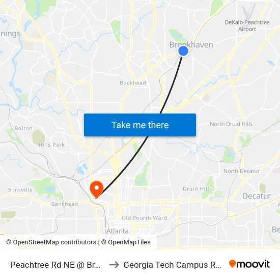 Peachtree Rd NE @ Brookhaven Dr NE to Georgia Tech Campus Recreation Center map