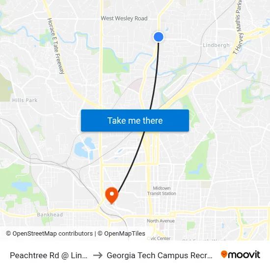 Peachtree Rd @ Lindbergh Dr to Georgia Tech Campus Recreation Center map