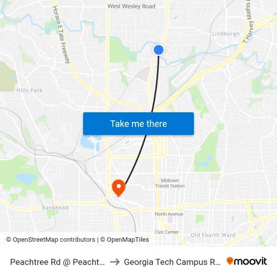 Peachtree Rd @ Peachtree Memorial Dr to Georgia Tech Campus Recreation Center map