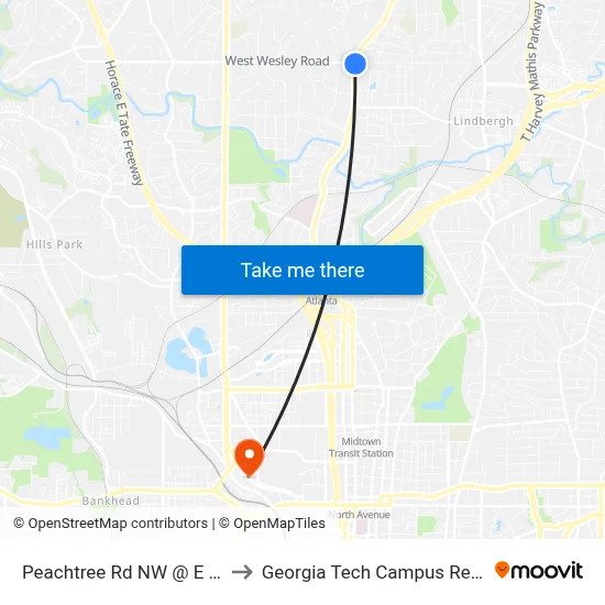 Peachtree Rd NW @ E Wesley Rd NE to Georgia Tech Campus Recreation Center map