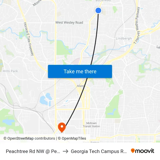 Peachtree Rd NW @ Peachtree Ave NE to Georgia Tech Campus Recreation Center map