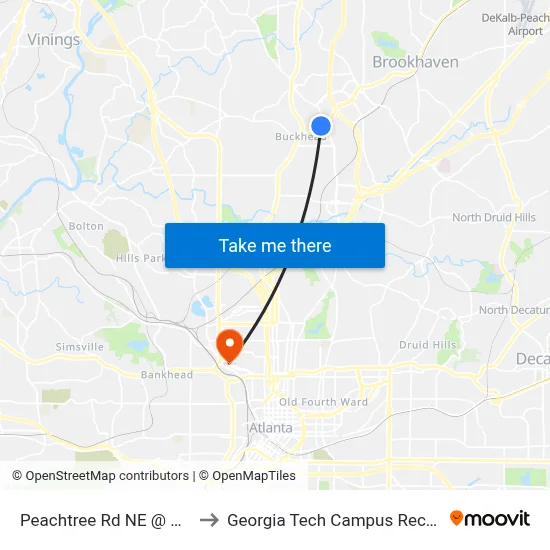 Peachtree Rd NE @ Maple Dr NE to Georgia Tech Campus Recreation Center map