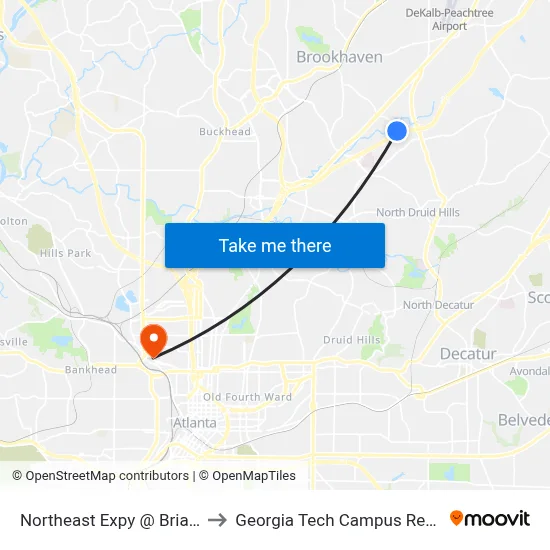 Northeast Expy @ Briarwood Rd NE to Georgia Tech Campus Recreation Center map