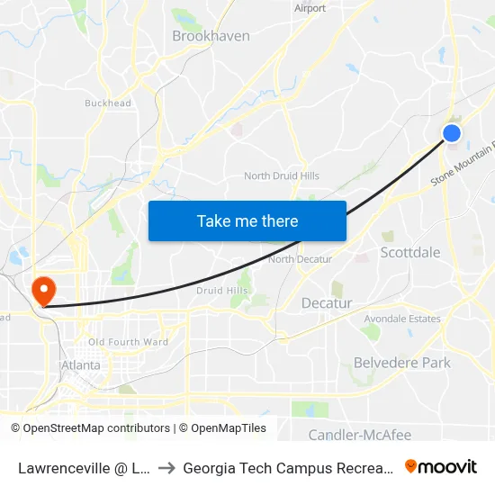 Lawrenceville @ Lee Way to Georgia Tech Campus Recreation Center map